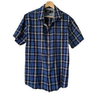 Grayers blue black & white plaid short sleeve cotton summer vacay shirt size L